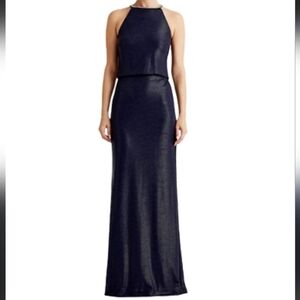 "Lauren Ralph Lauren" Metallic Halter Neck Gown, Color Lighthouse Navy, Size 10